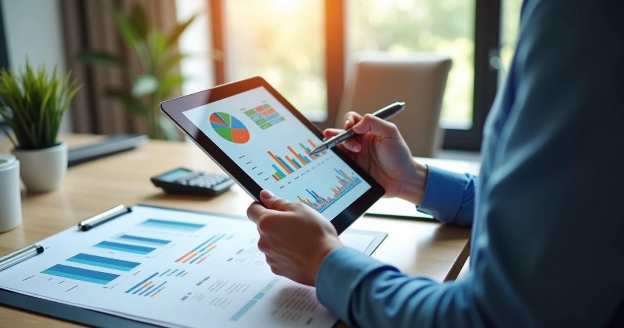 Profissional analisando relatórios de vendas com gráficos e anotações. 