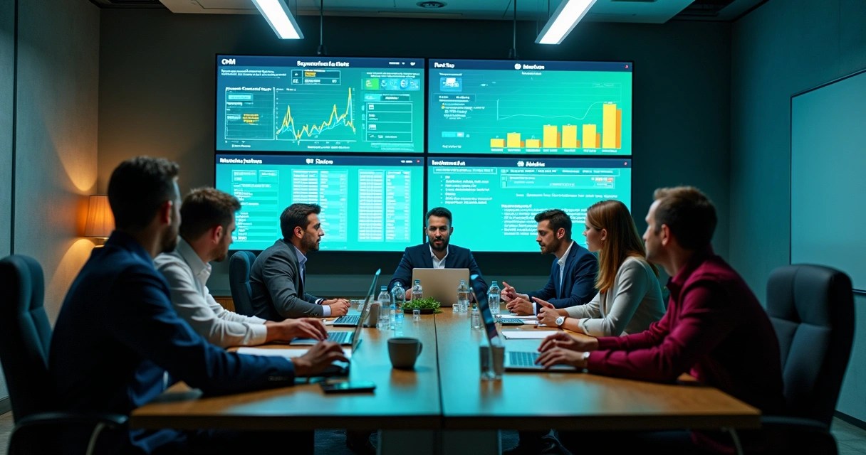 Equipe de negócios analisando relatórios de CRM em telas 