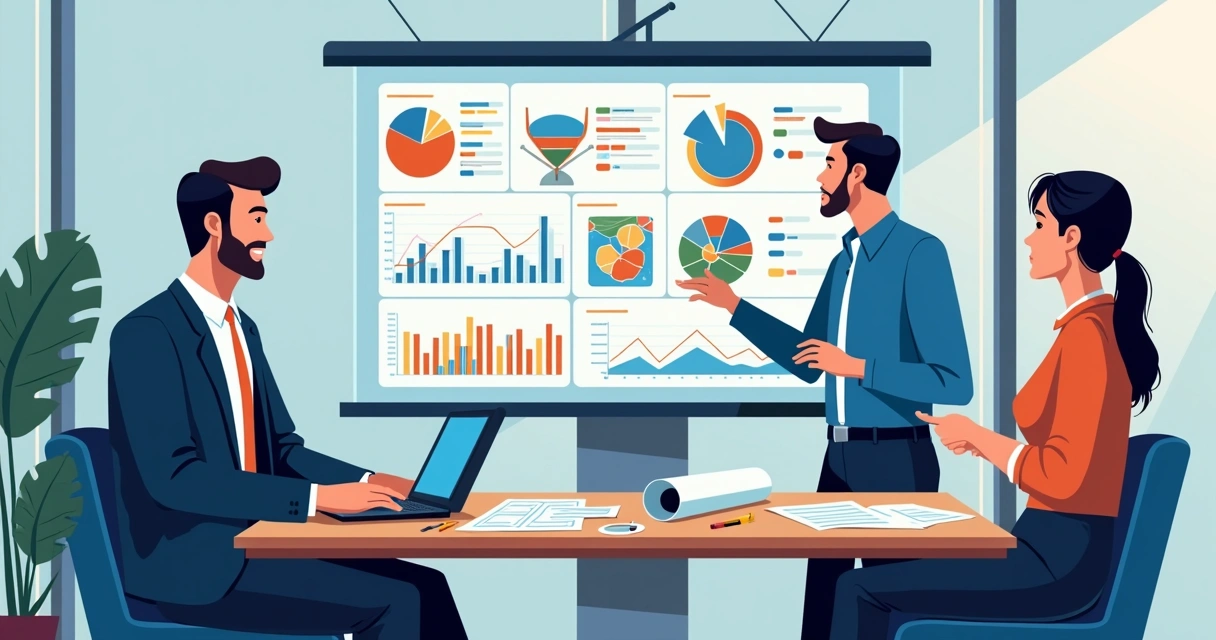 Equipe de engenharia analisando resultados de campanhas em telas digitais, com gráficos de desempenho.