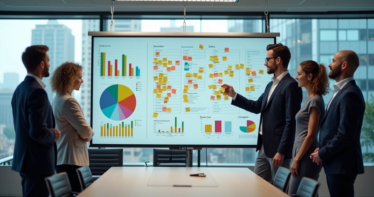 Leads Qualificados: Guia Prático Para Impulsionar Vendas B2B 4 Equipe analisa gráficos de funil de vendas em sala de reunião