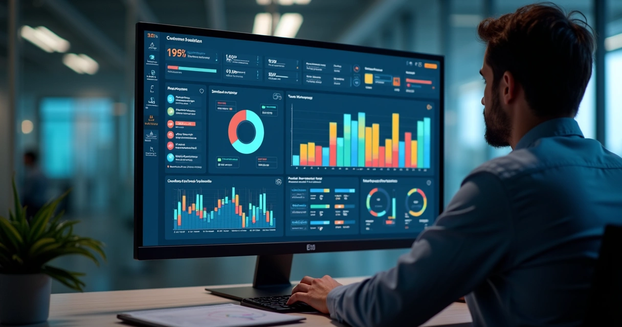 Profissional analisando gráficos de feedbacks em dashboard SaaS 