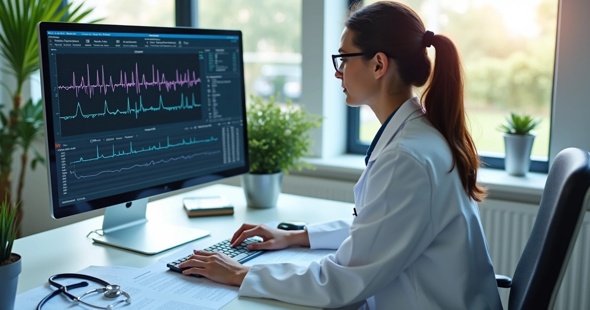 Cardiologista analisando resultados de Holter em computador, gráficos cardíacos na tela e laudo impresso ao lado