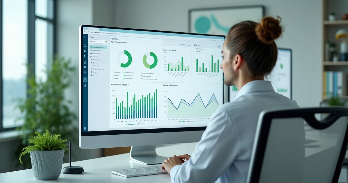 Profissional analisando métricas de acompanhamento de pacientes de implante dentário na tela do computador 