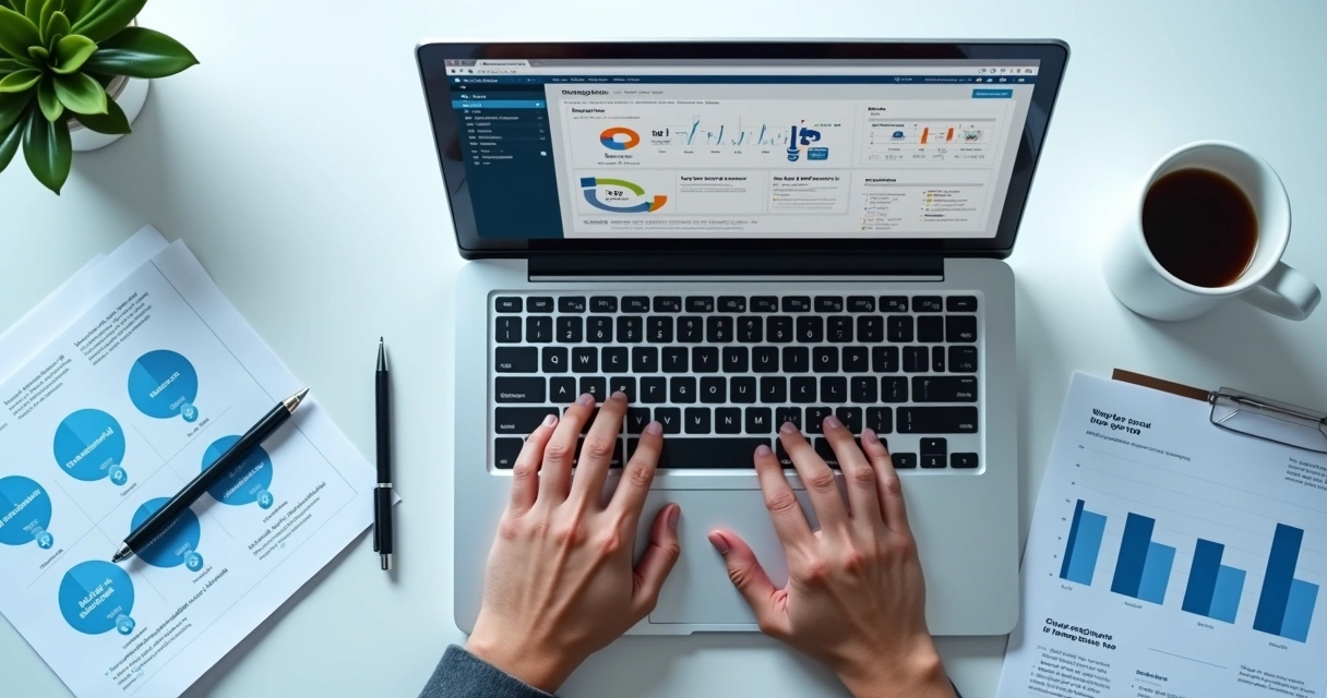 Tela de notebook com gráficos de resultados de postagens do LinkedIn. 