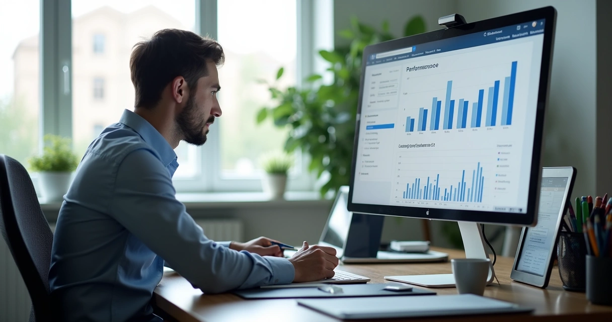Profissional analisando gráficos de desempenho em tela de computador ao lado de caderno de anotações 