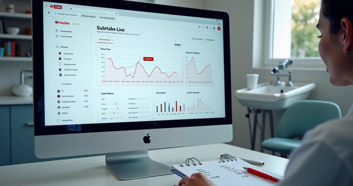 Tela de computador com gráficos de resultados de live no YouTube