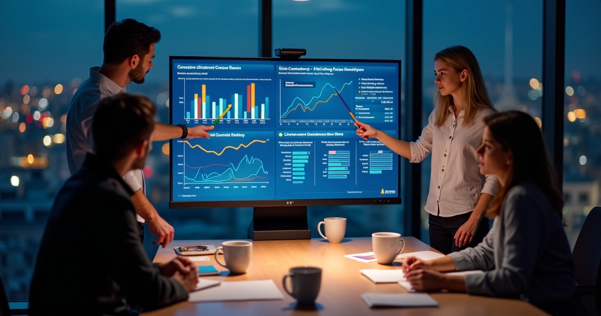 Equipe analisando gráficos de resultados de mailing list em reunião 