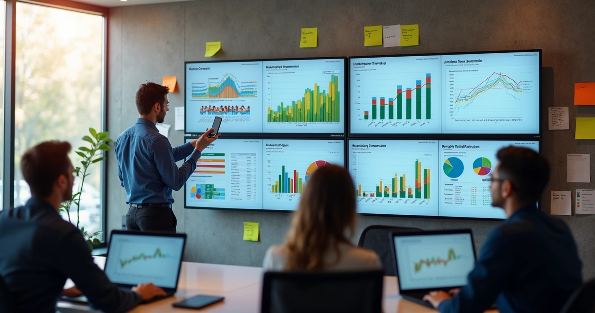 Painel digital com gráficos de desempenho e números em exibição 