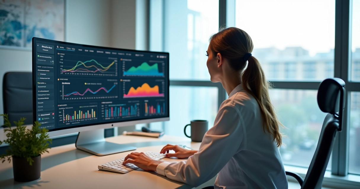 Gestor de clínica analisando gráficos digitais em computador