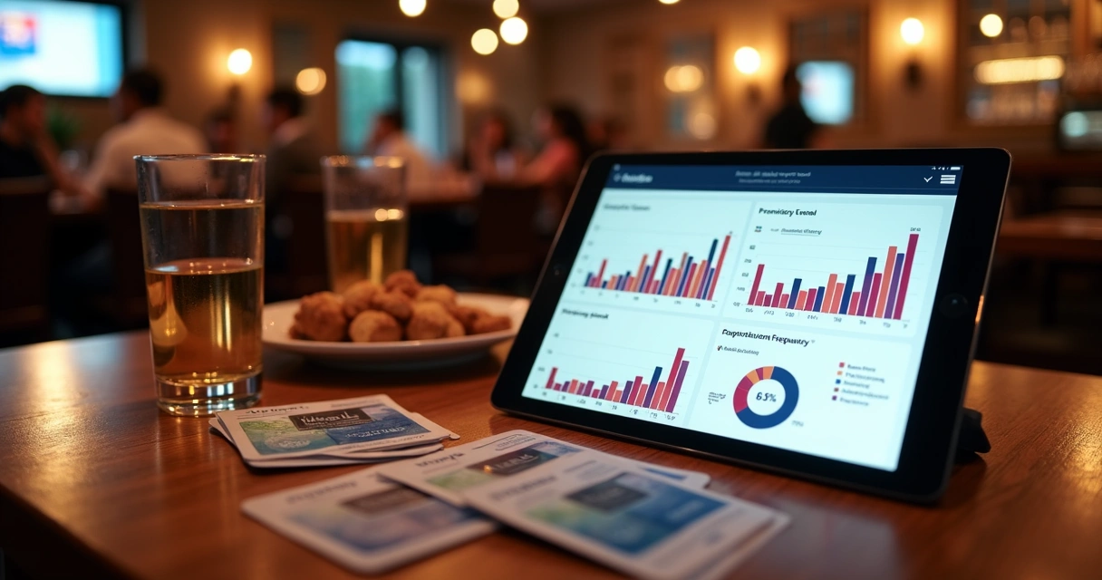 Profissional analisa dados de campanha OOH em tablet sobre mesa de bar 