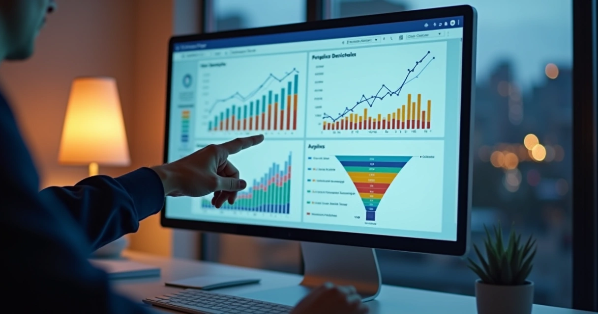 Dashboard digital mostrando métricas do funil de vendas e taxas de conversão 