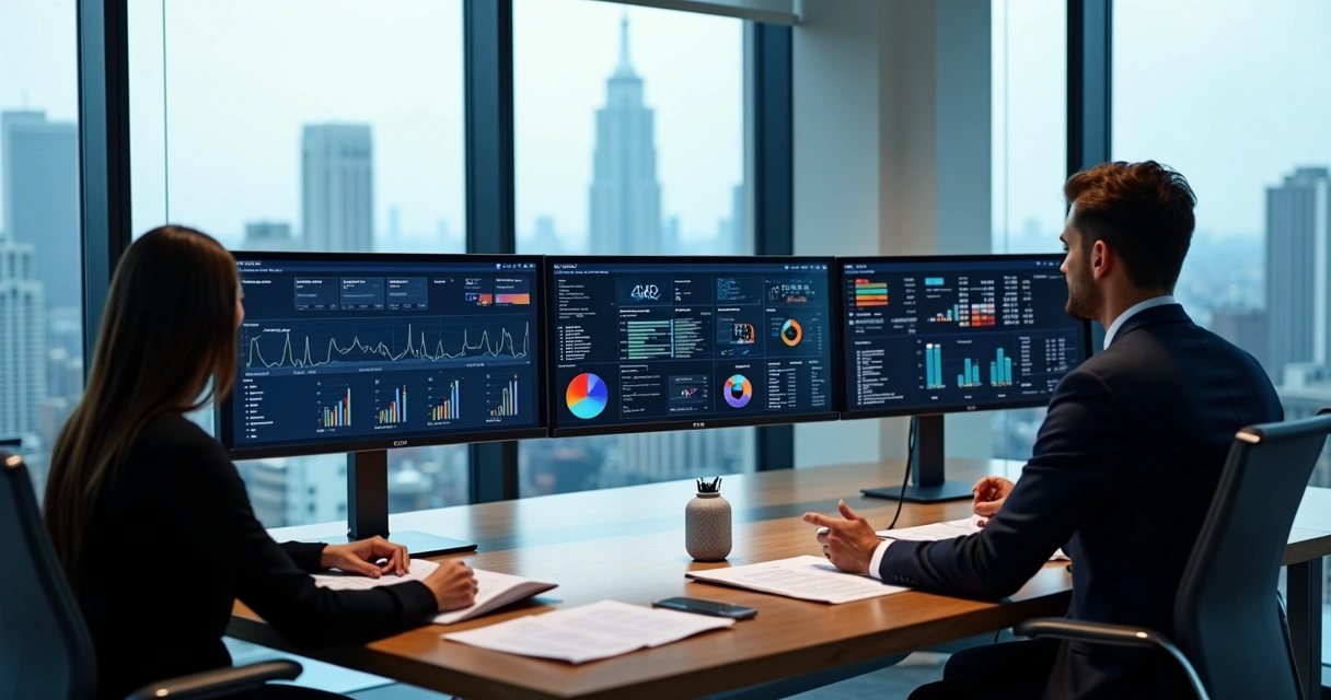 Profissionais analisando resultados digitais em telas de computador 