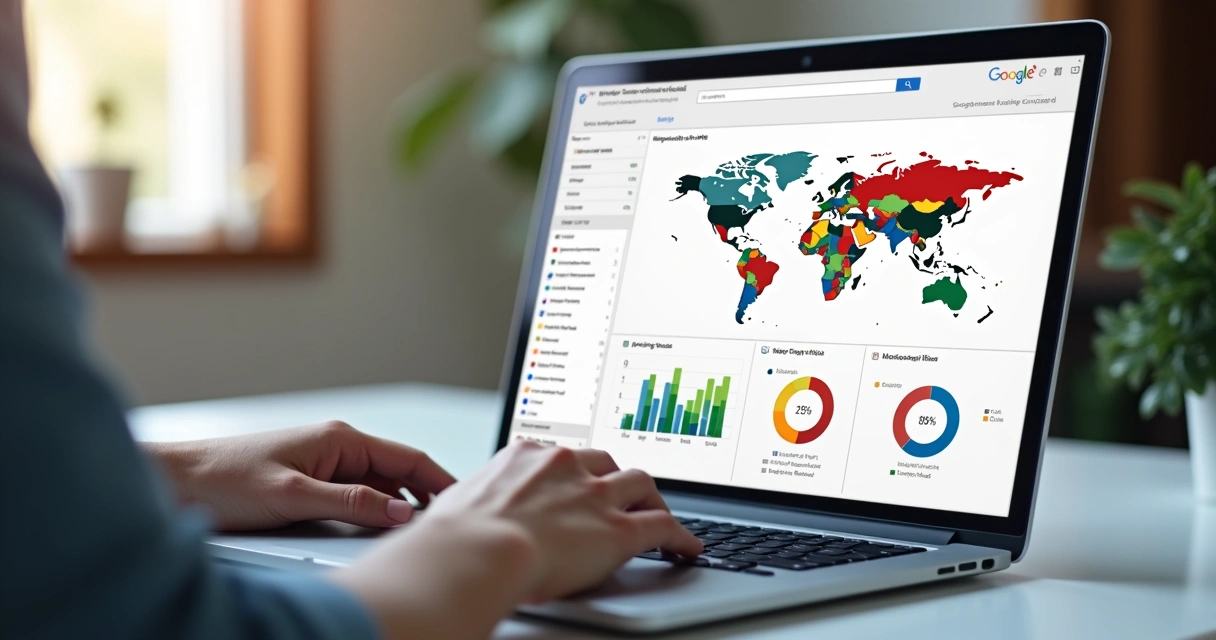 Pessoa analisando relatórios de desempenho do Search Console no notebook com gráficos e mapas destacados 