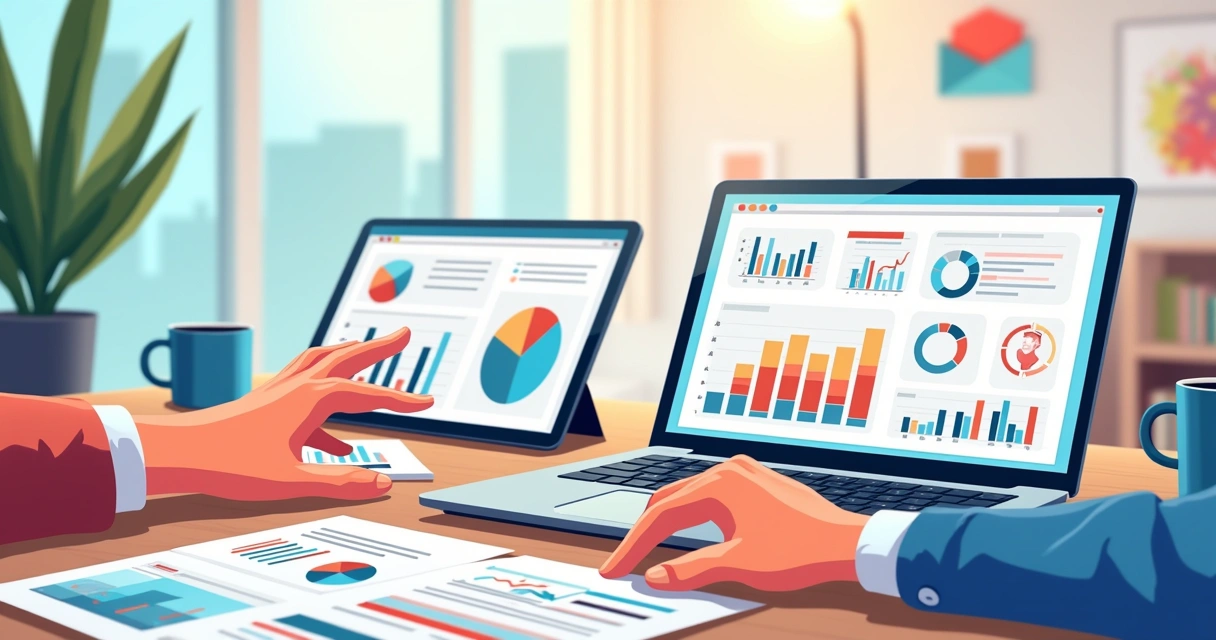 Análise de relatórios de marketing digital em tela com gráficos 