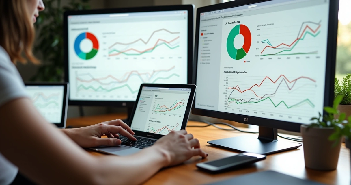 Pessoa analisando gráficos digitais em múltiplas telas, interpretando dados de visitas segmentadas 