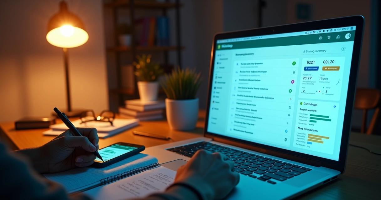 Gestor observa em laptop o resumo organizado de conversas de grupo do WhatsApp em formato de painel 