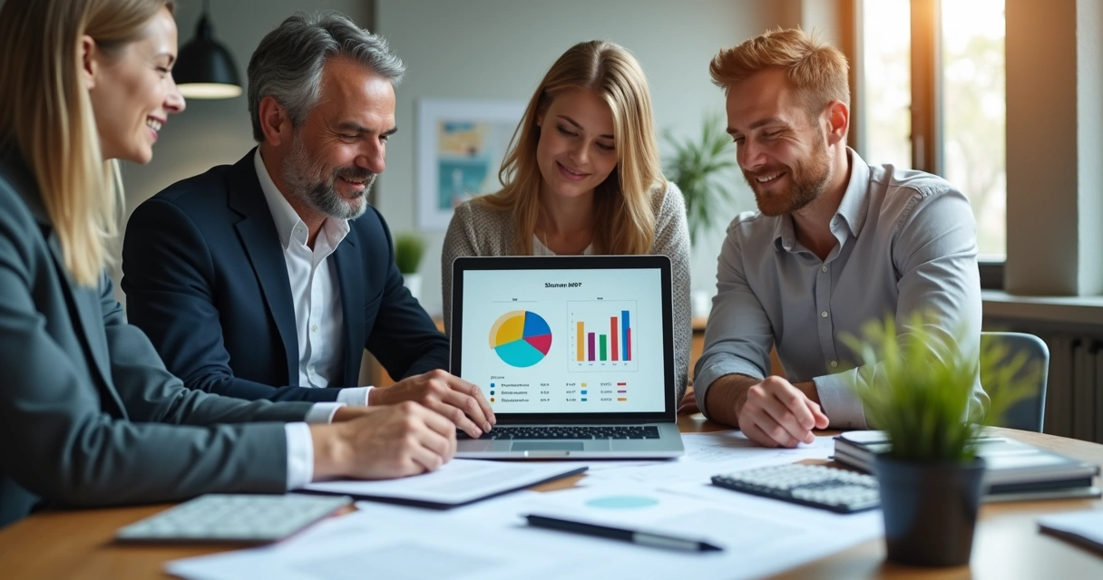 Equipe analisando respostas de clientes em escritório de contabilidade 