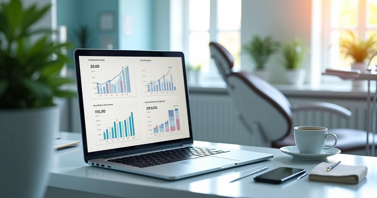 Computador com gráficos de ROI e campanhas odontológicas em ambiente clínico moderno 