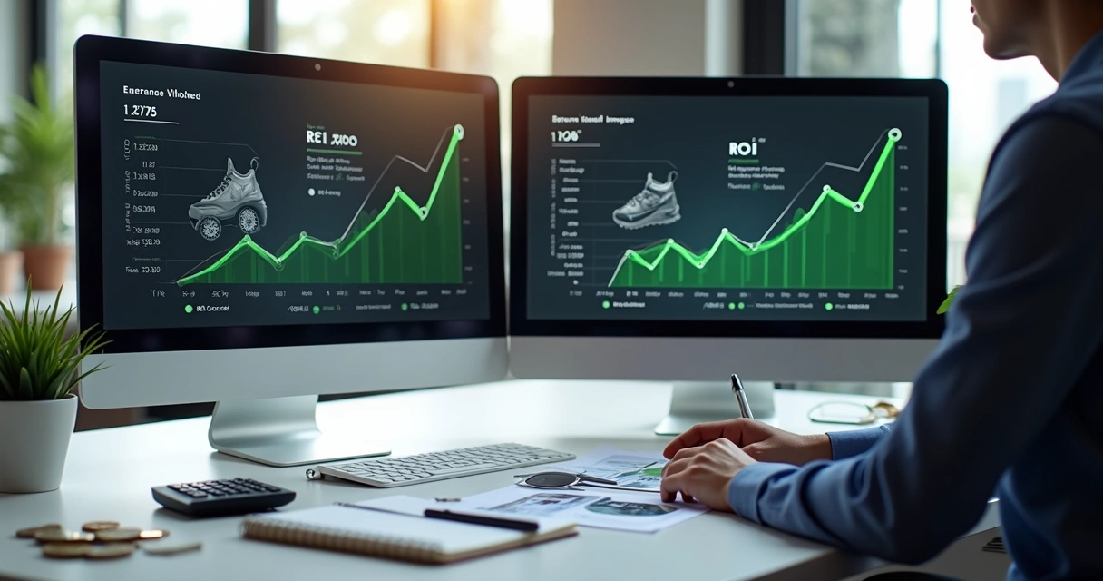 Cálculo de retorno sobre investimento com gráficos e fotos de produtos lado a lado 