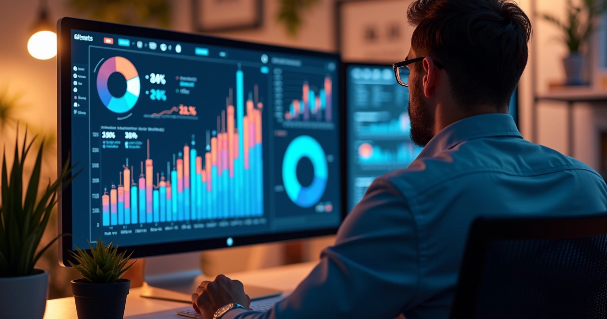 Profissional analisando gráficos financeiros de campanhas digitais em tela de computador moderno 