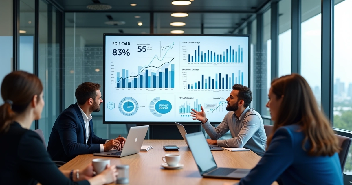 Profissionais discutindo gráficos e números de retorno financeiro em uma sala de reunião moderna 