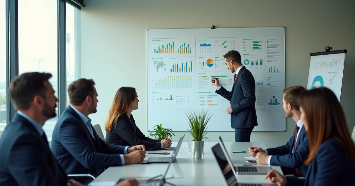 Equipe de vendas reunida analisando quadro branco com resultados de canais separados. 