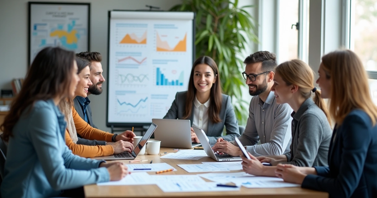 Equipe analisando resultados digitais com gráficos, laptops e anotações 