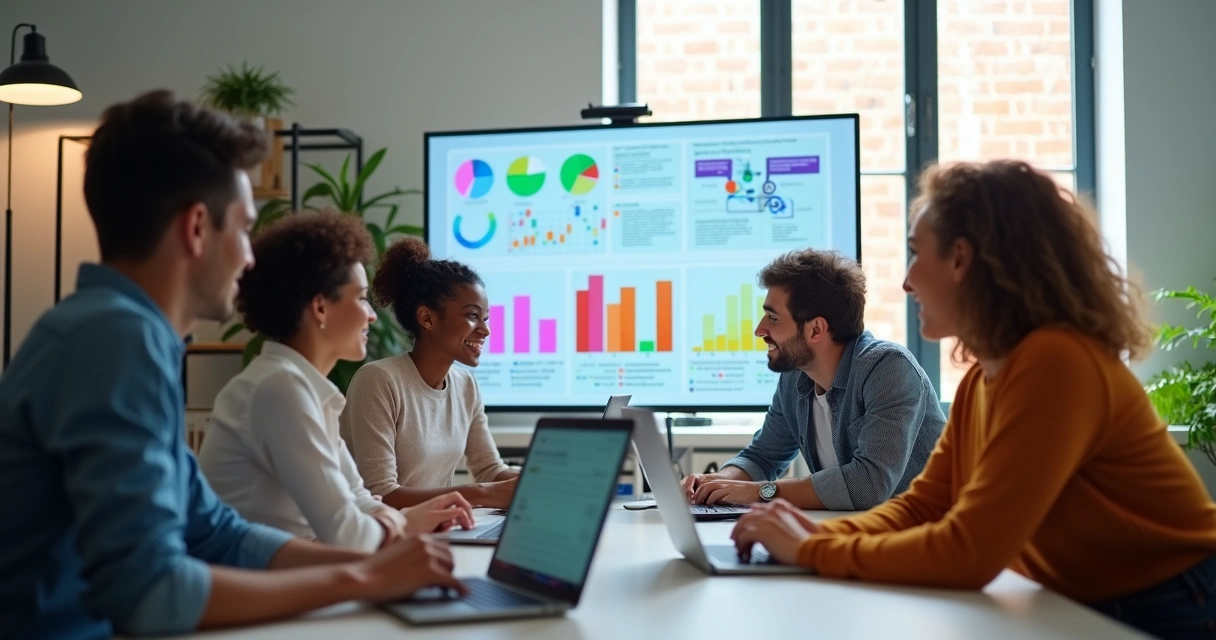 Equipe em videoconferência analisando gráficos em tela compartilhada 