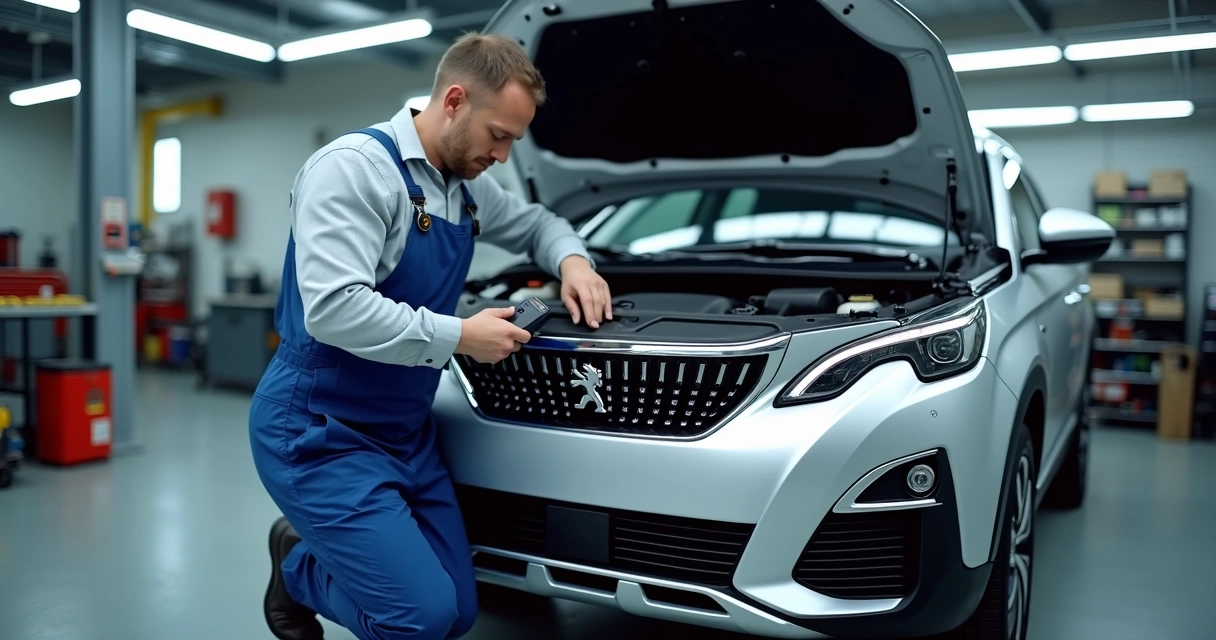 Mecânico analisando motor de Peugeot em oficina moderna