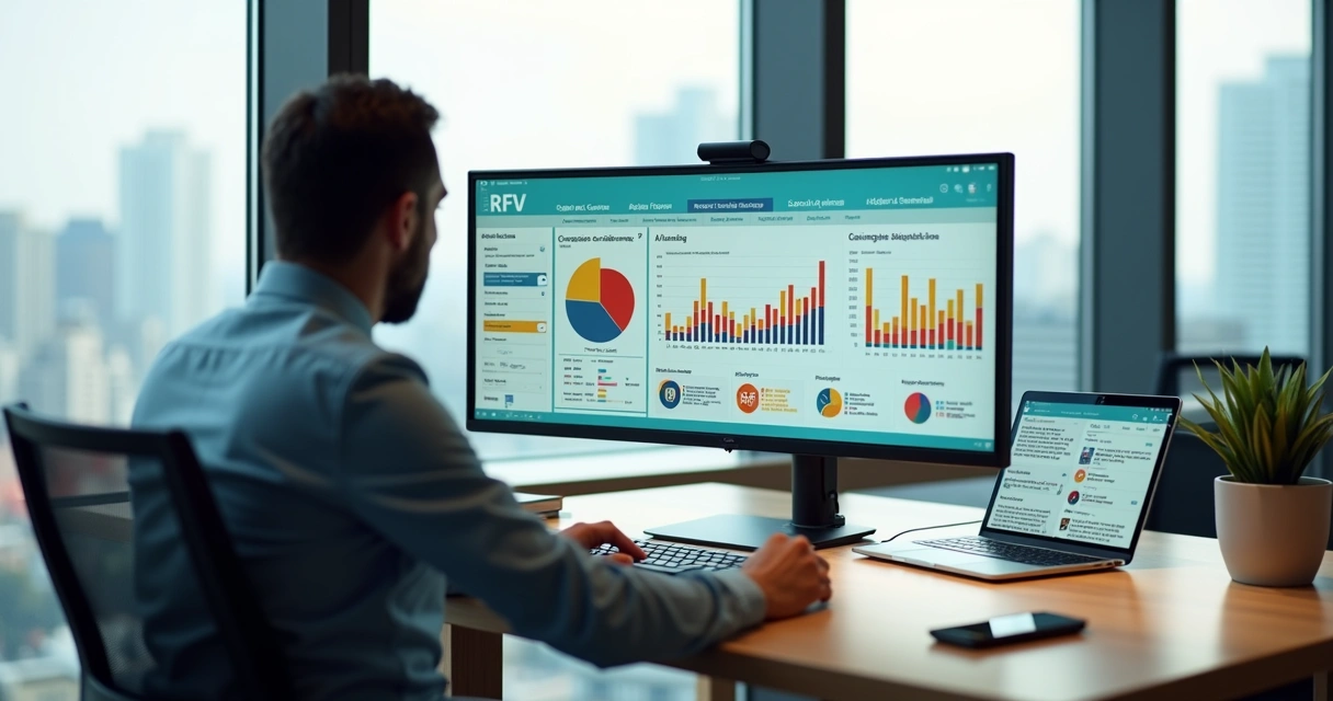 Gestor analisando painel de análise RFV com segmentos de clientes em destaque 
