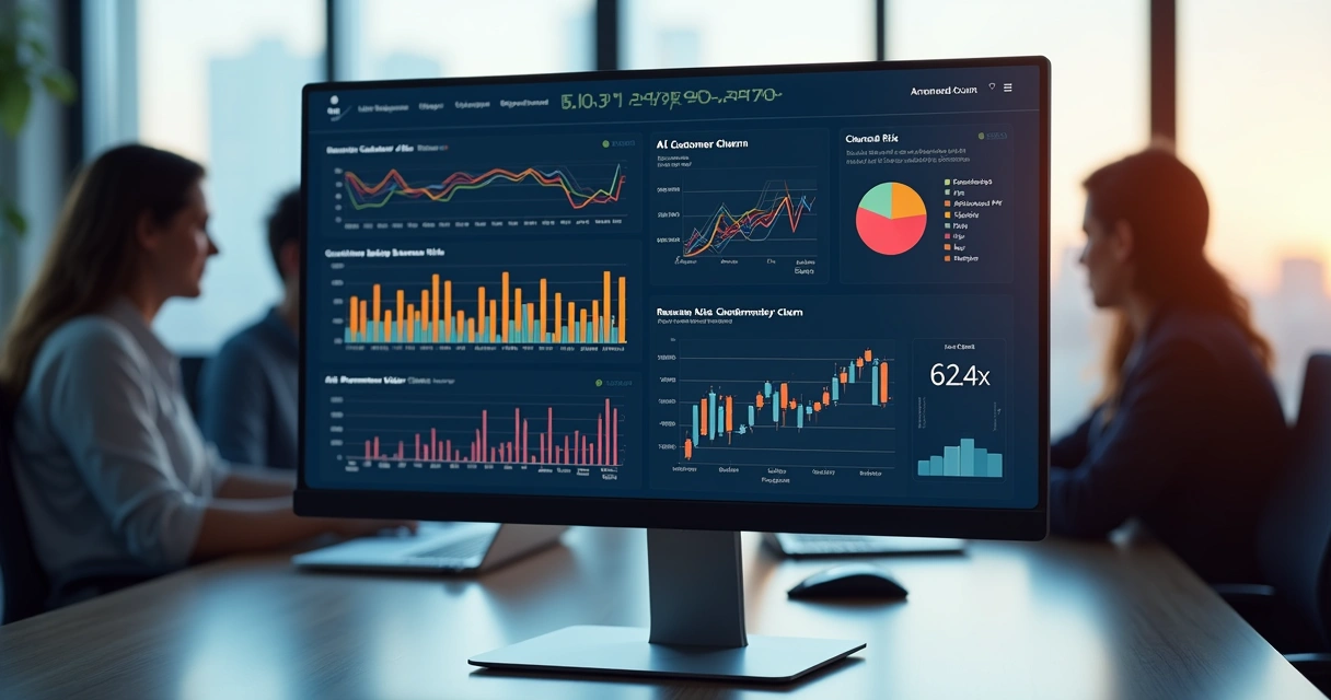 Painel digital mostrando indicadores de risco de churn em e-commerce com gráficos coloridos e dados de comportamento de clientes 