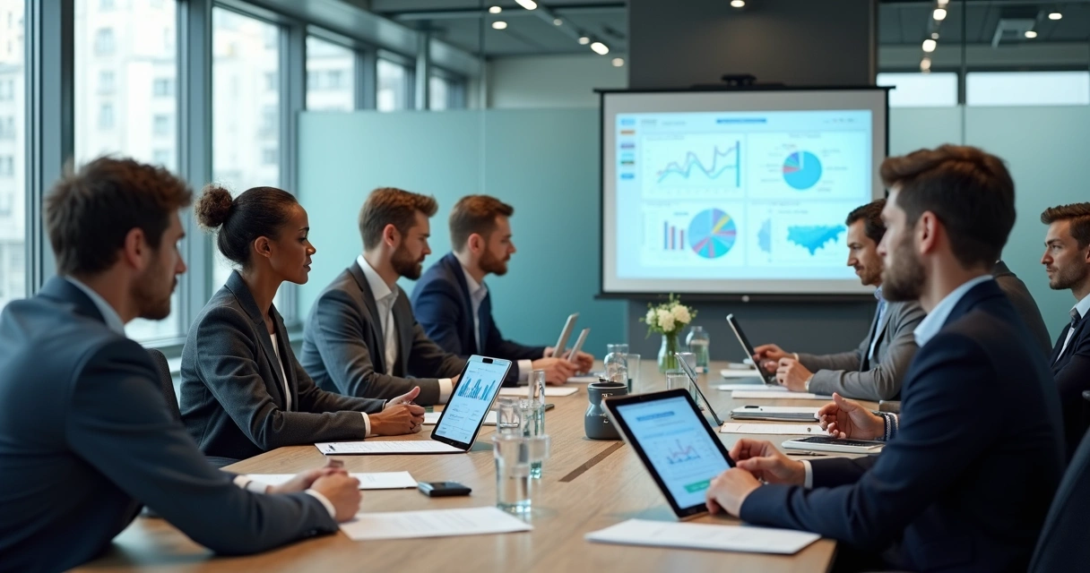 Equipe analisando documentos e gráficos de risco em uma mesa de reunião 