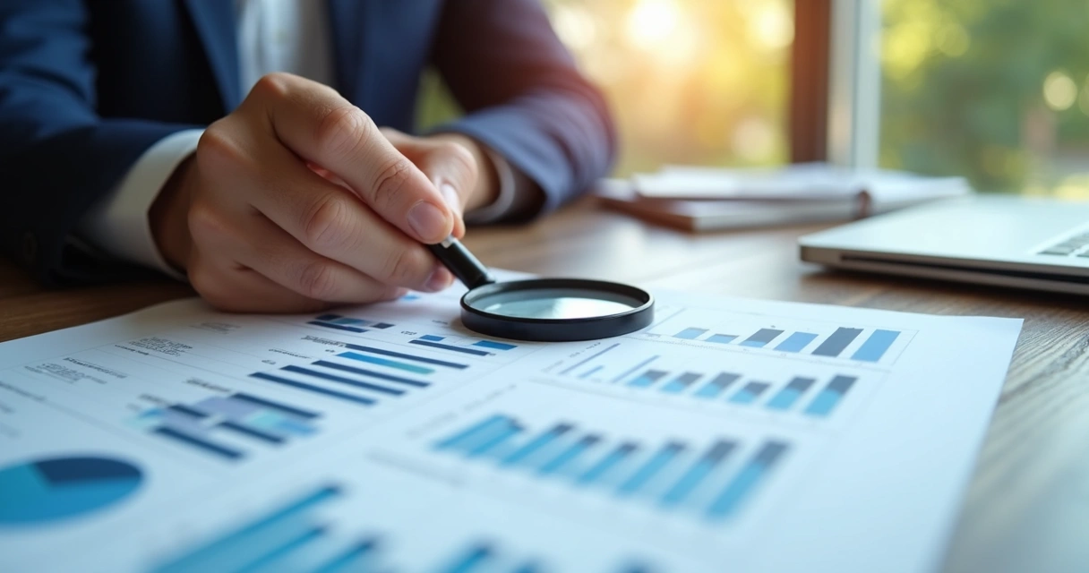 Mãos segurando uma lupa sobre documentos financeiros com gráficos e tabelas ao fundo mostrando análise de crédito detalhada 