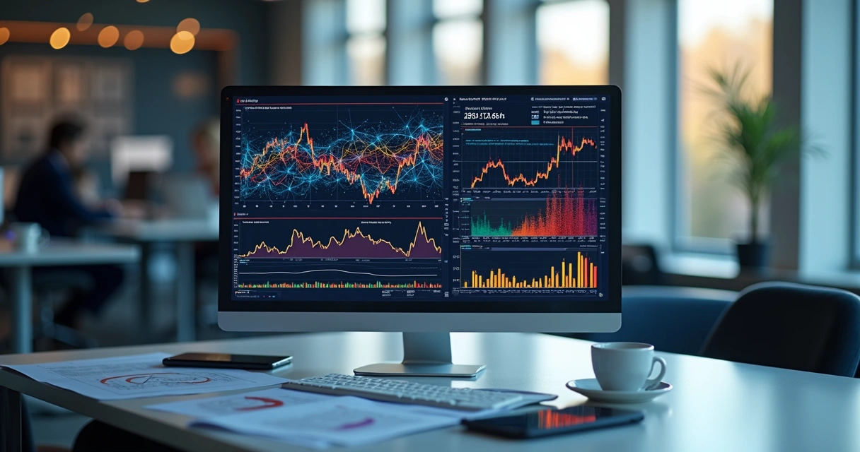 Computador exibindo gráficos de análise de risco de crédito com algoritmos de aprendizado de máquina 