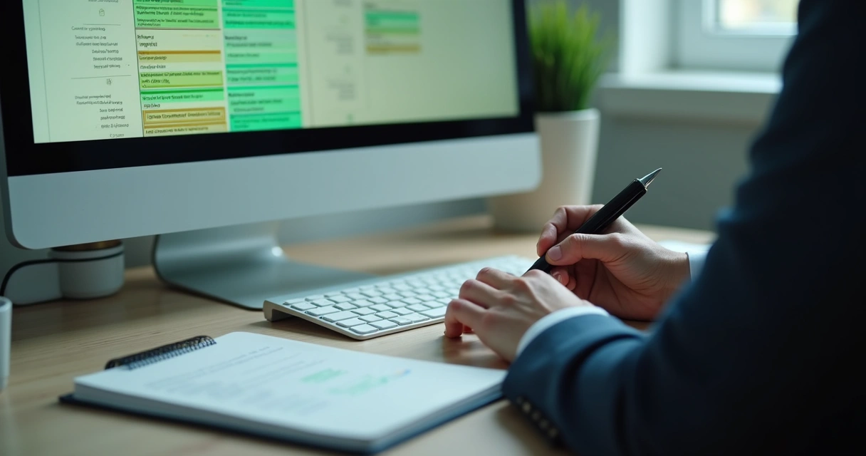 Profissional analisando matriz de risco ético no computador