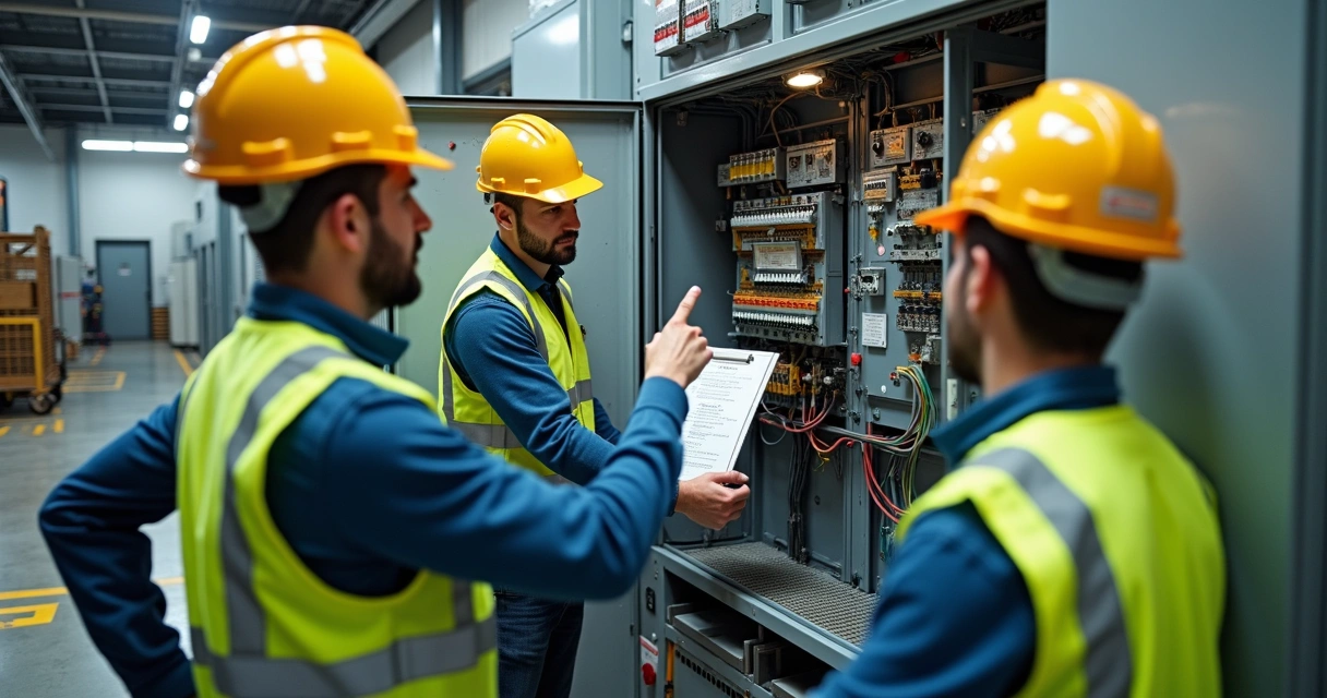 Equipe analisando painel elétrico e riscos ao redor 