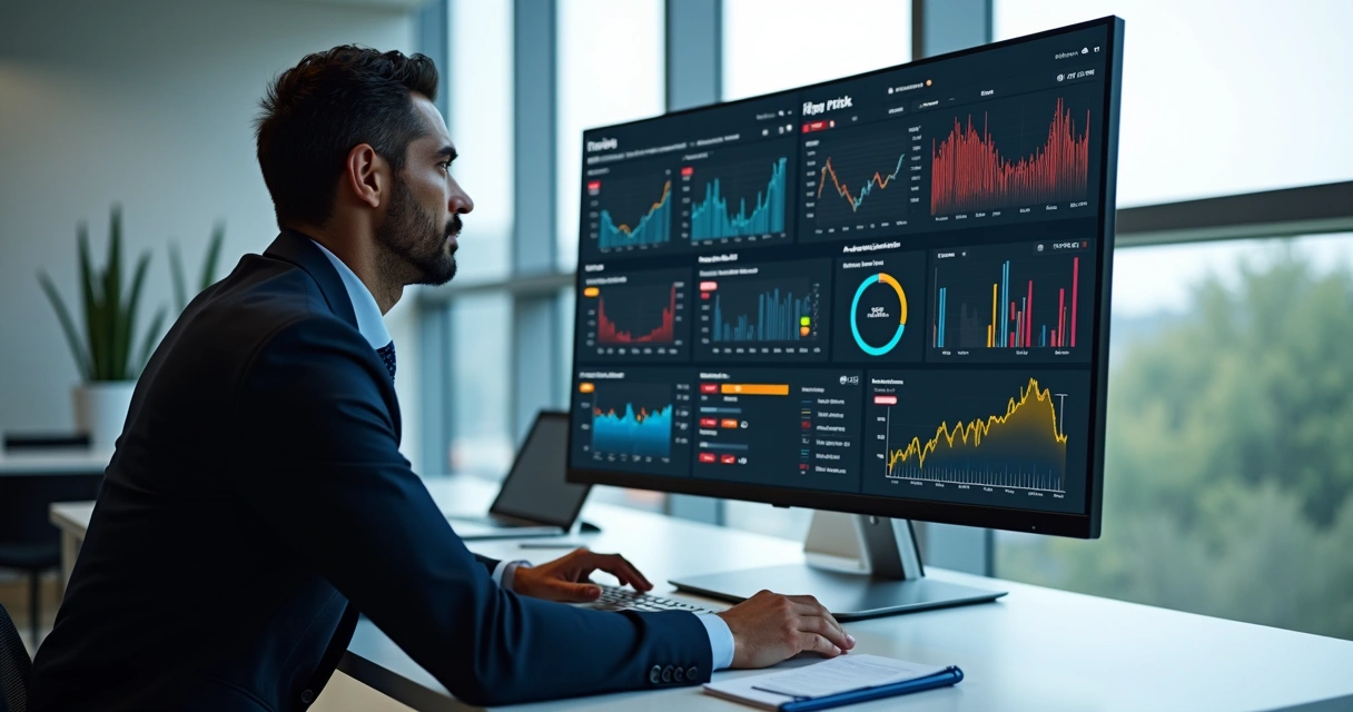 Gestor analisando indicador de risco fiscal empresarial em tela com gráficos e alertas