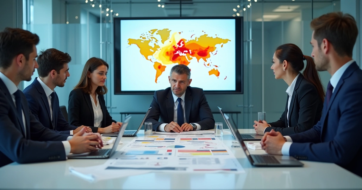 Equipe analisando planilhas e documentos em uma mesa de reunião