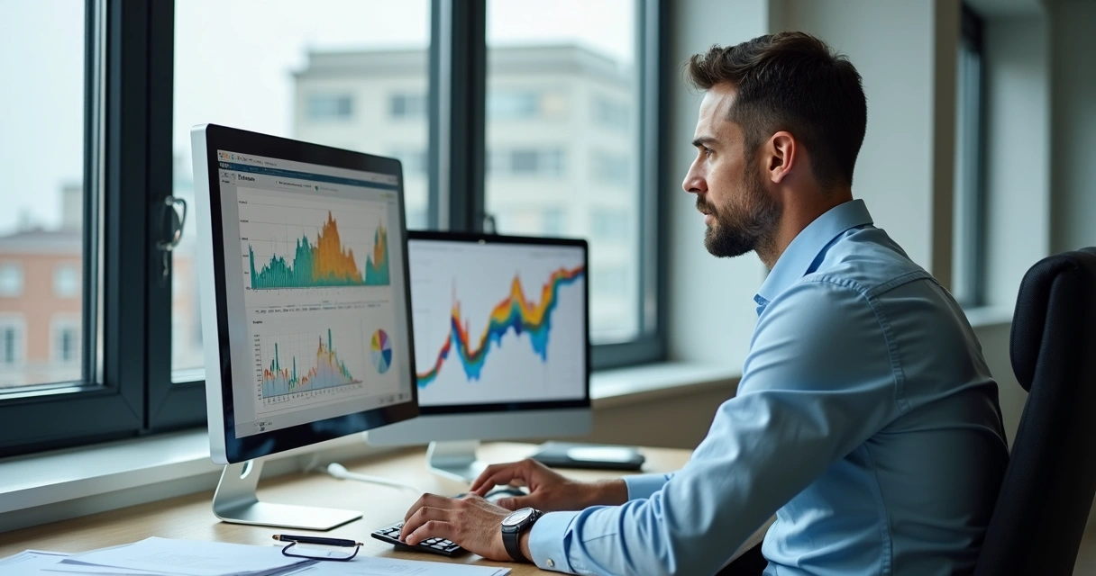 Consultor analisa gráficos de risco financeiro em tela de computador 