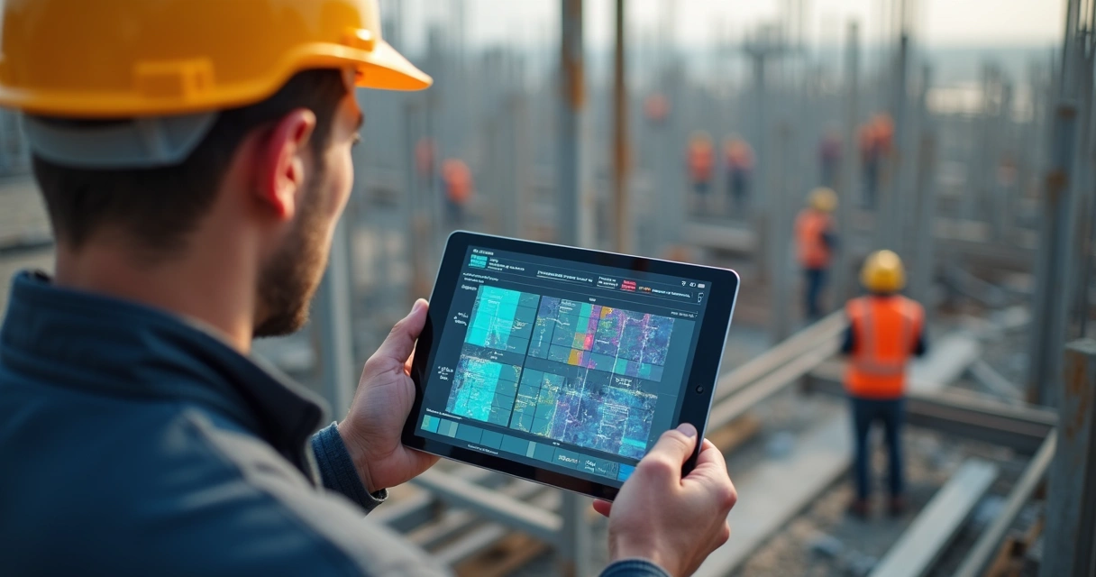 Análise de risco com IA em tablet em ambiente de obra 