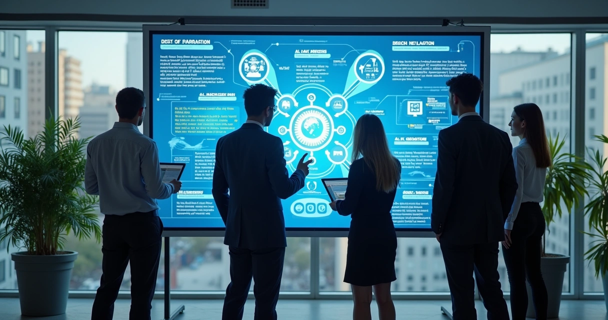 Analistas discutem riscos de IA em frente a painel digital com gráficos e fluxos 