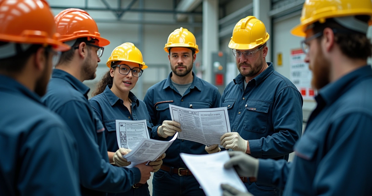 Equipe analisando riscos em manutenção industrial com pranchetas em mãos 
