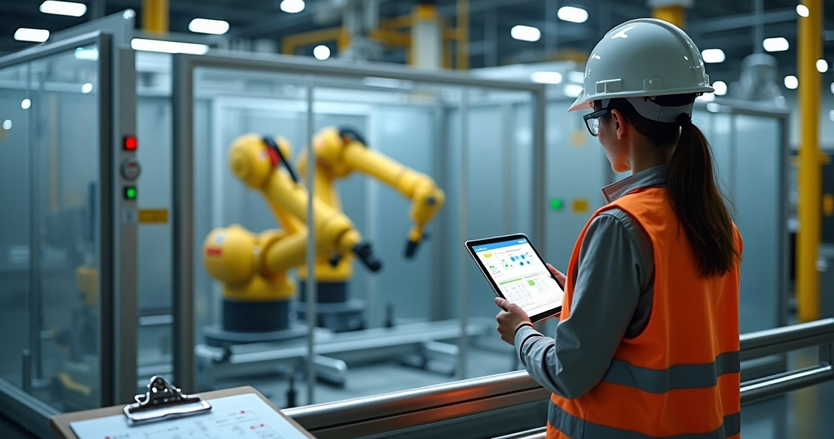 Engenheira usando tablet para analisar célula robotizada cercada por galpão industrial moderno 