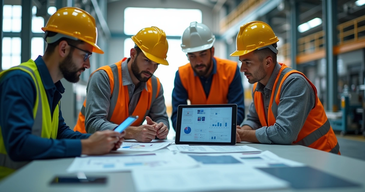 Profissionais de segurança do trabalho analisando gráficos e documentos para avaliação de riscos em ambiente industrial 