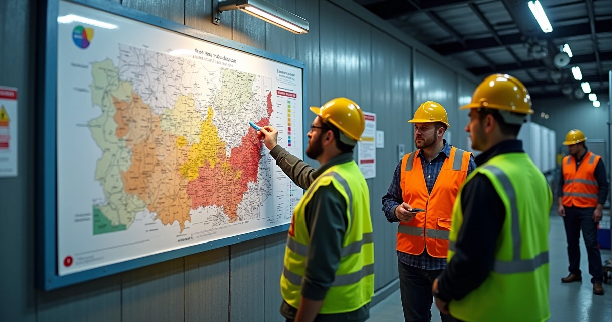 Funcionários usando EPI analisando mapa de risco exposto na parede 