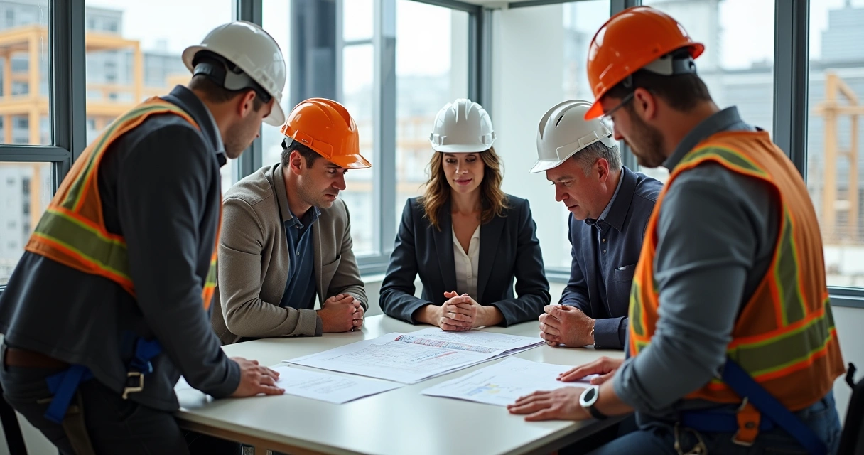 Equipe reunida analisando documento de trabalho em altura com EPIs na mesa