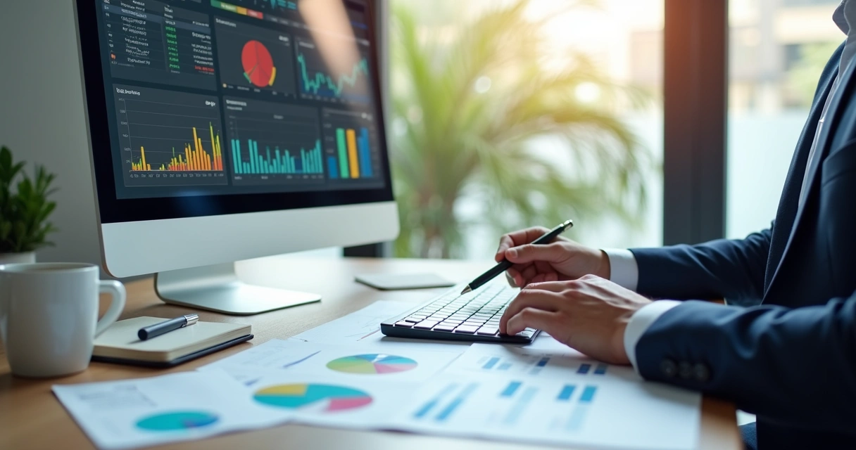 Empresário analisando relatórios financeiros em mesa com computador e gráficos