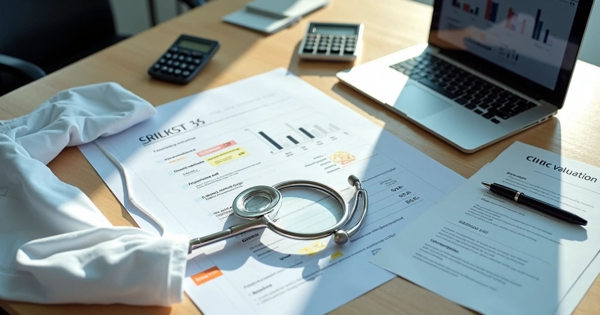 Mesa vista de cima com relatório financeiro, estetoscópio e lupa destacando riscos em clínica médica 