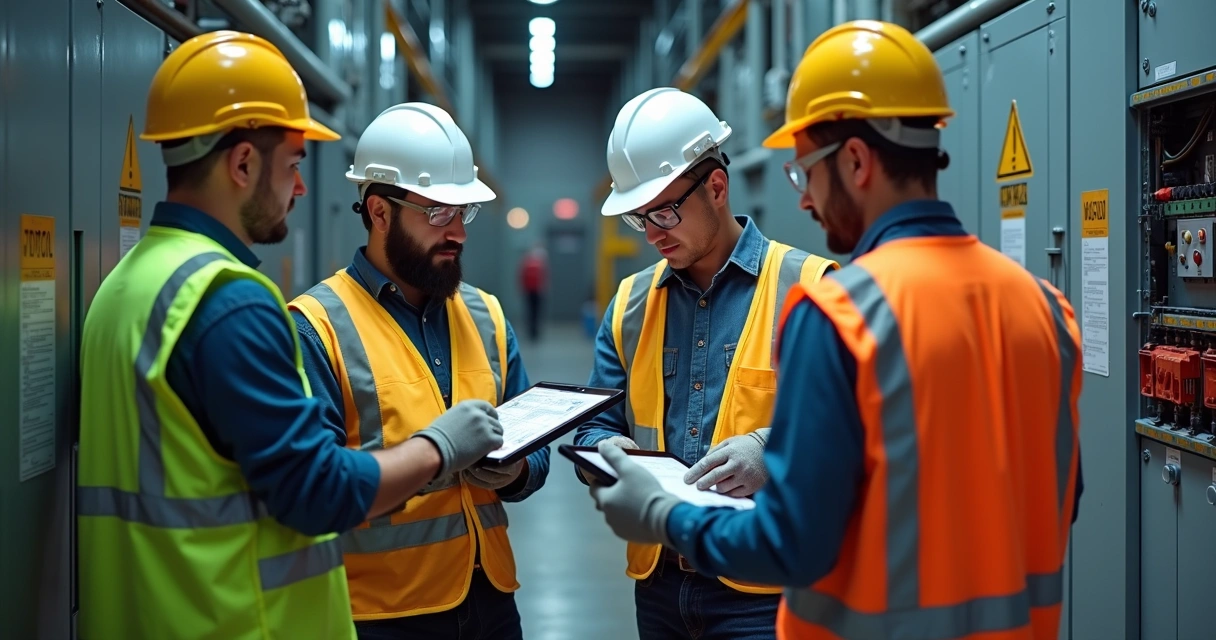 Equipe realizando análise de riscos elétricos em ambiente industrial 