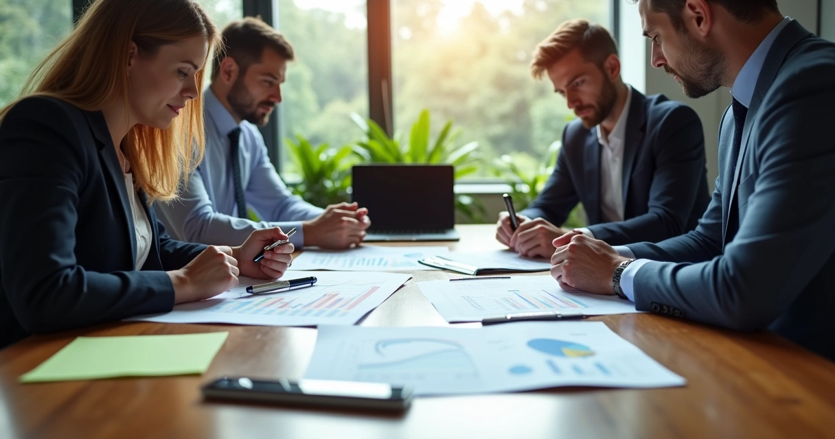 Executivos reunidos analisando papéis financeiros e jurídicos sobre uma mesa 